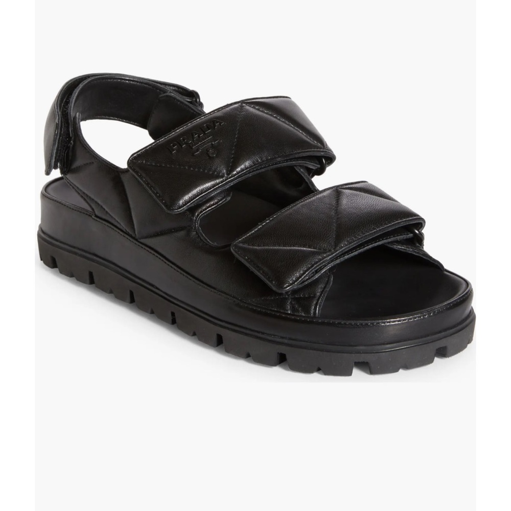 NWB PRADA Black Leather Diagram Double Strap Slide Sandal Size 35.5 Runs Like 37